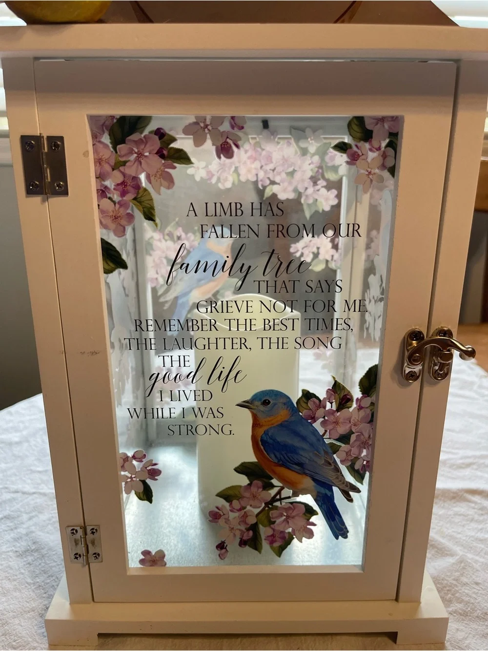White & Copper Bird Memorial Lantern Decorative Cabinet with Floral Glass